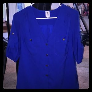 Royal blue v neck button down blouse